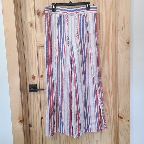Express Pants - Express Womens Split Leg Linen Blend Stripe Smocked Pant Boho Chic Beachy Size L